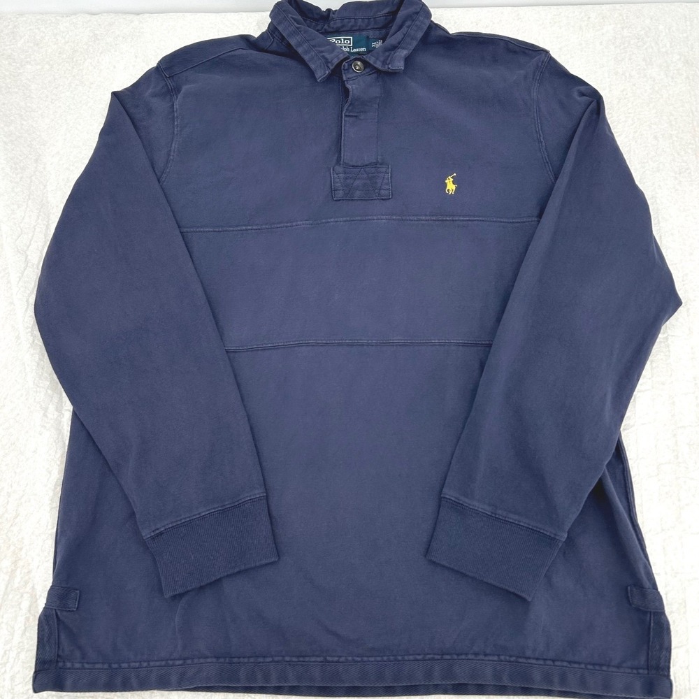 Vtg Polo Ralph Lauren Mens Rugby Shirt XL Navy Blue Long Sleeve Custom Fit Prep